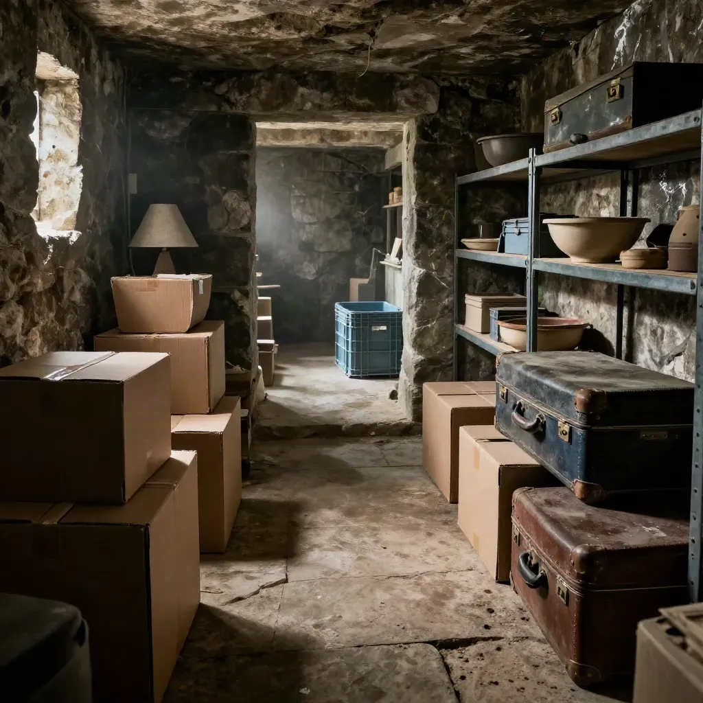 Cantina in pietra liberata, scatole vecchie e oggetti ordinati in mucchi.
