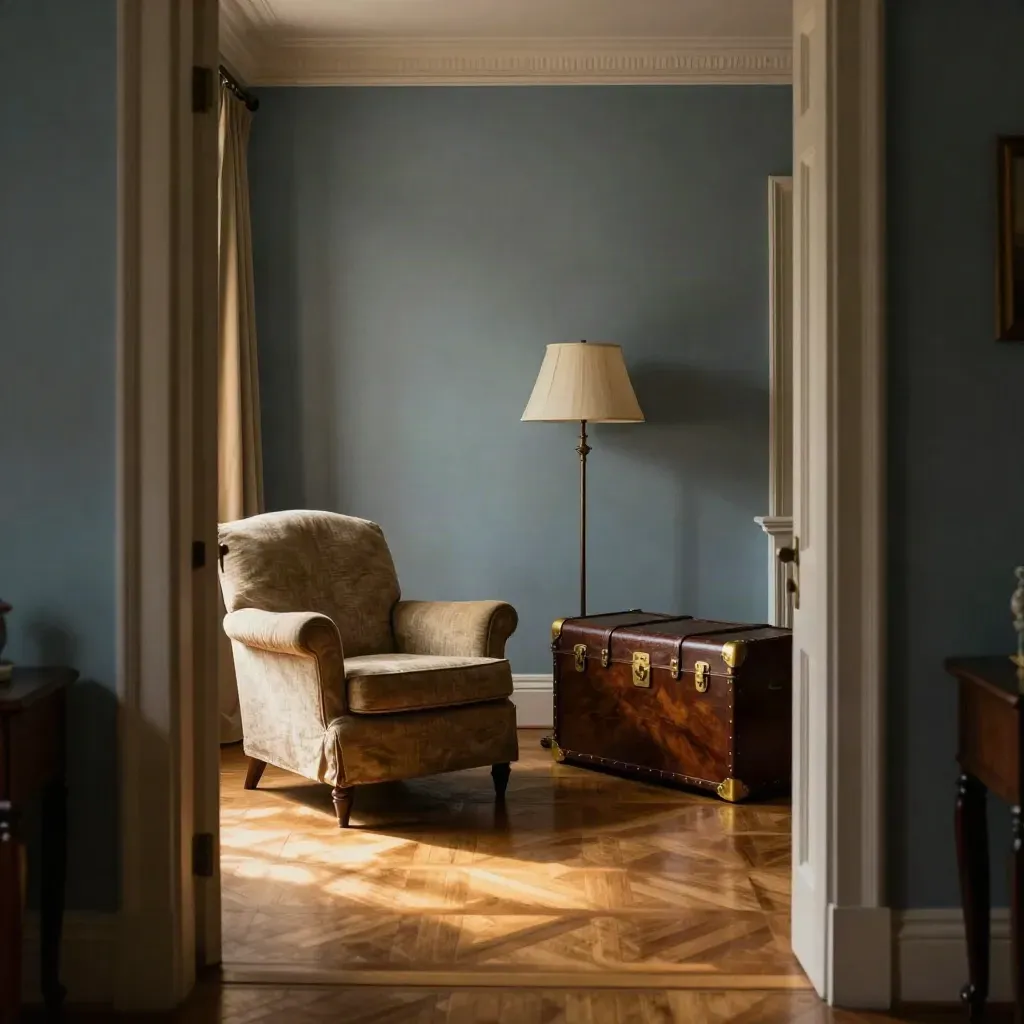 Salotto ereditato svuotato con poltrona, baule e lampada da terra nella luce del pomeriggio.