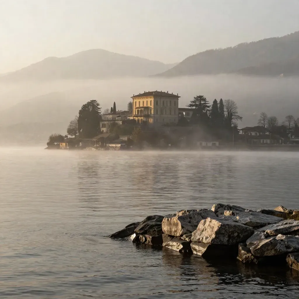 Lago lombardo all’alba con villa storica lontana e nebbia sulle acque calme.