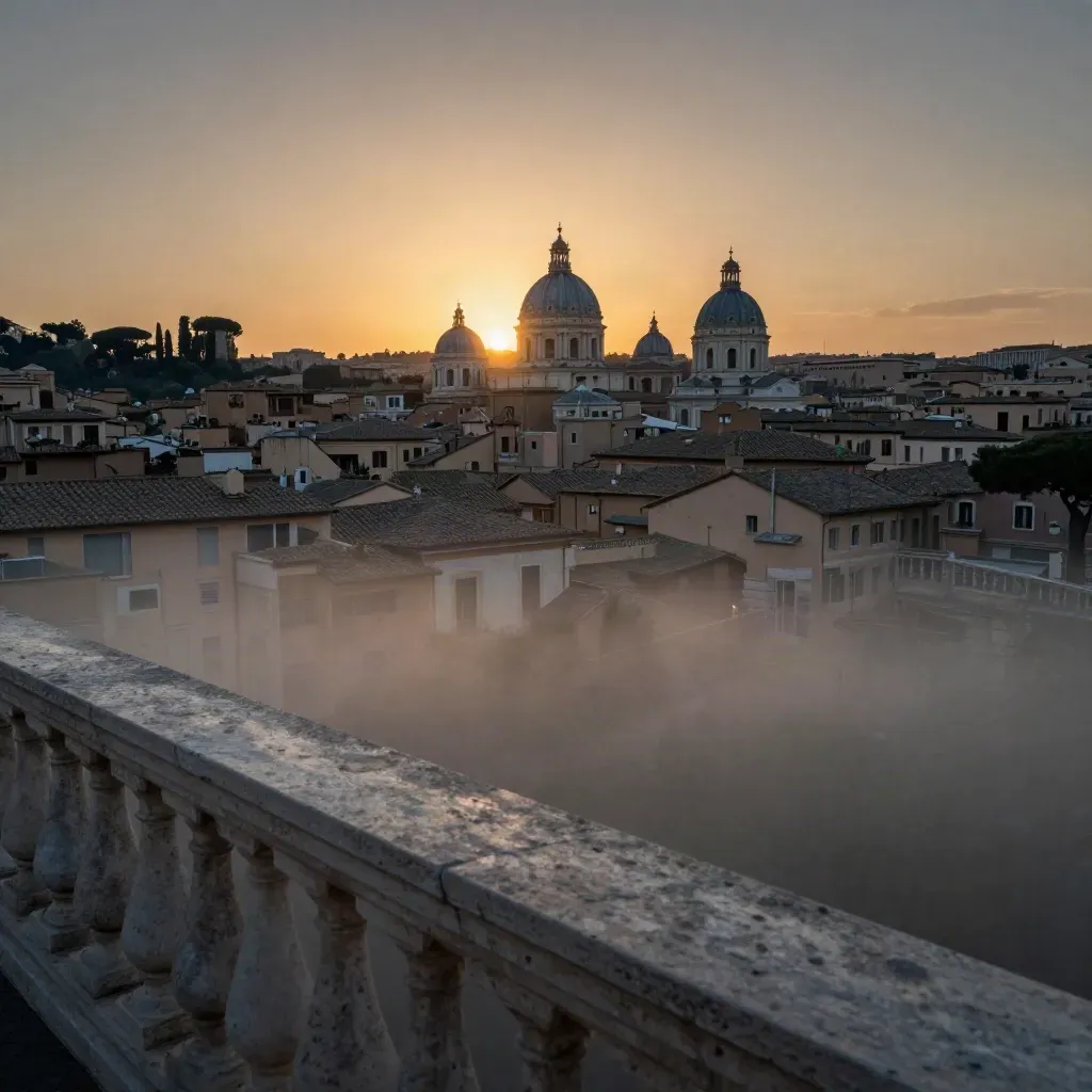 Panorama di Roma al tramonto con cupole e tetti caldi visti da una terrazza alta.