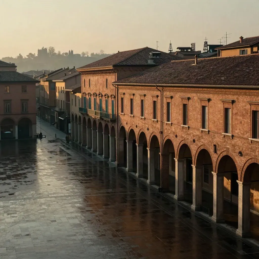 Portici di Bologna e facciate in laterizio in controluce, piazza bagnata e nebbia leggera.