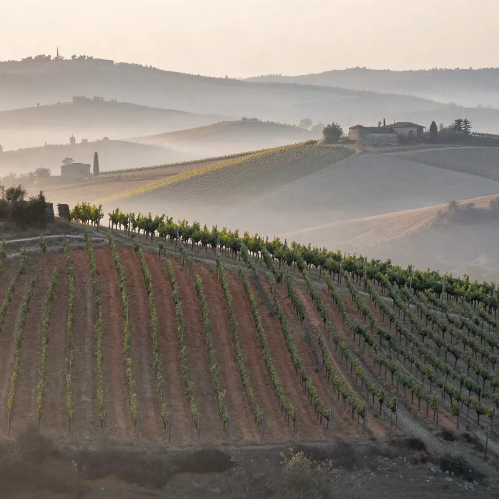 Colline del Piemonte con vigneti e bruma mattutina, paesaggio ampio e luminoso.